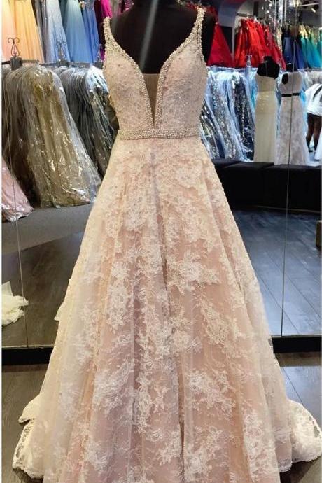 Elegant V Neck Champagne Lace Prom Dresses Ball Gowns 2017 Formal Evening Gowns