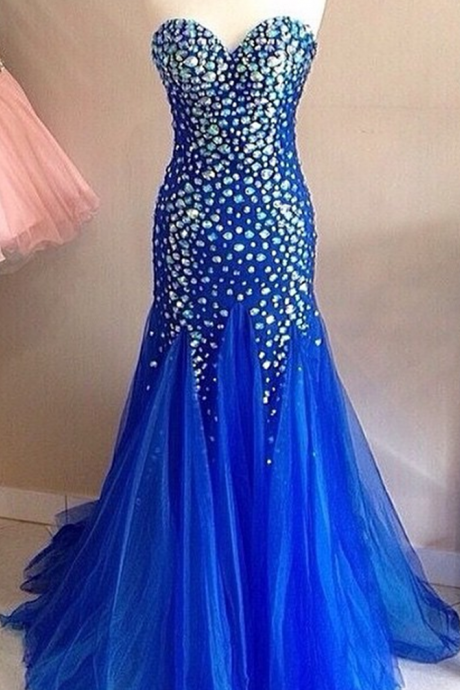 Royal Blue Mermaid Prom Dresses Long Sweetheart Evening Gowns Crystal Beaded