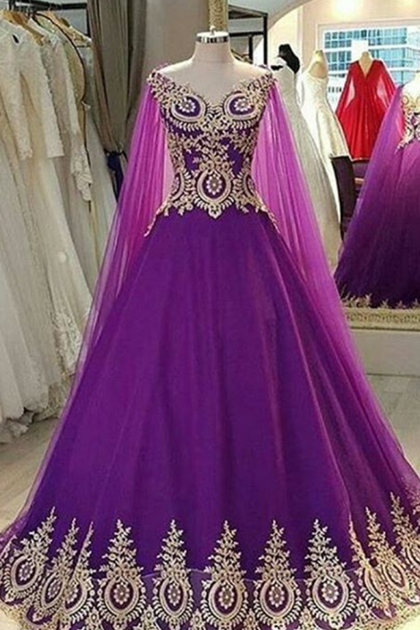 Elegant V Neck Purple Prom Dresses Ball Gowns With Lace Appliques