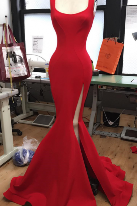 Long Red Jersey Prom Dress,elegant Formal Dress,slit Prom Dress,red Evening Gowns,prom Dress Mermaid 2017