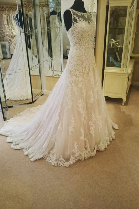 Illusion Neckline Ivory Lace Backless Wedding Gowns Princess Wedding Dress For Bride