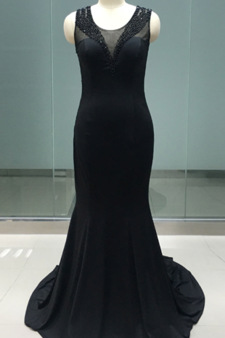 Abiye Gece Elbisesi Real Photo Spandex Black Evening Dress Mermaid Sheer Back Beading Girl Prom Party Dress Abendkleider