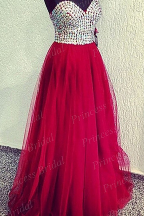 Real Photos Prom Gown A Line Sweetheart Floor Length Long Tulle Party Dress Evening Dress With Diamond