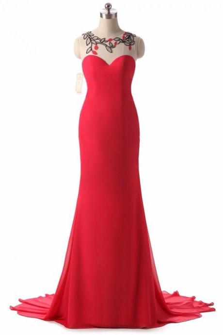 Real Photos Sleeveless Red Mermaid Evening Dress With Illusion Back Handmade Flowers Formal Party Dress Custom Made