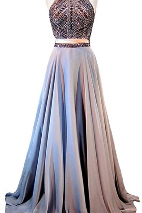 Halter Crystals Sequins Beaded Open Back Two Pieces Long Prom Dress