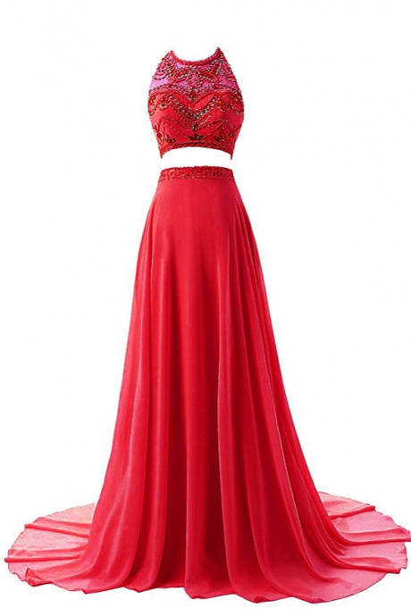 Women's Two Pieces Illusion Neck Beaded Crystals Chiffon Prom Dress