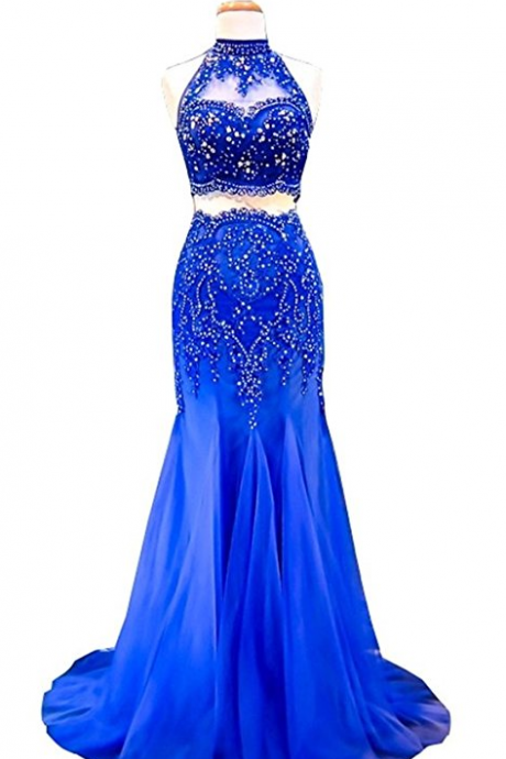 Women's High Neck Lace Applique Beaded Two Piece Mermaid Evening Dress