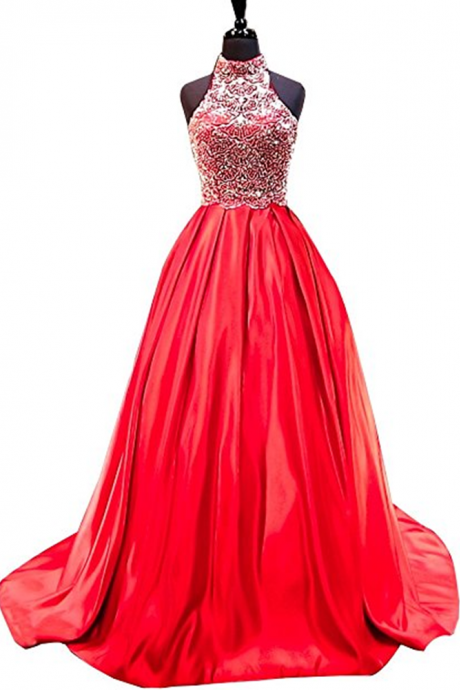Women's High Neck Backless Two Pieces A Line Beading Satin Prom Dress