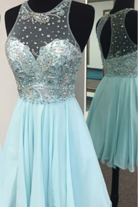 Modest Luxury Mini Short Prom Dress Party Dress Jewel Sleeveless Short Chiffon Homecoming Dress With Beaded