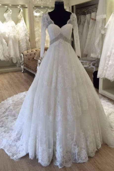 Real Photos Long Sleeve V Neck Wedding Dress Backless Vestido De Noiva Chapel Train Crystal Beading Long Robe De Mariage