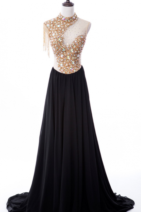 Sexy A-line High Neck Sweep Train Chiffon Black Prom Dress With Beading