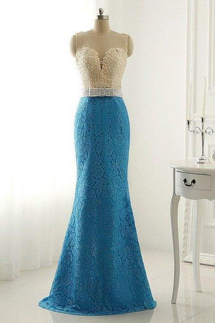 Blue Lace See-through Round Neck Slim Mermaid Long Evening Dresses,formal Dresses