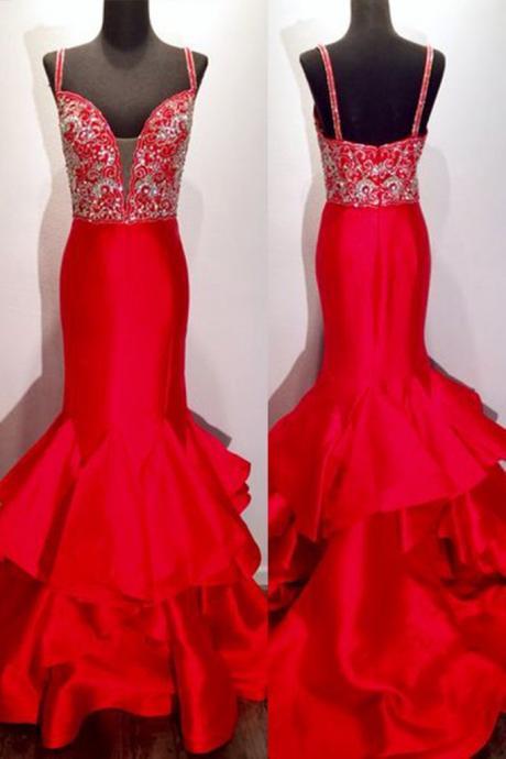 Red Satins V Neck Sequins Beaded Mermaid Long Prom Dresses, Luxury Floor-length Evening Dresses With Straps