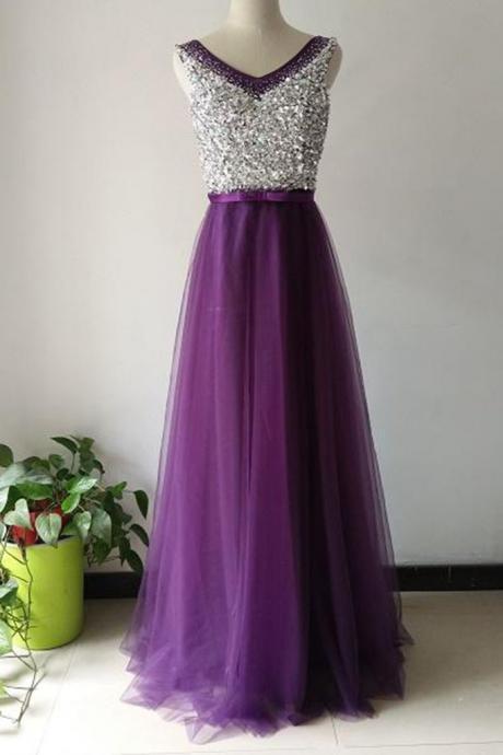 Purple Tulle A-line Sequins V-neck Long Prom Dresses,evening Dresses For Teens