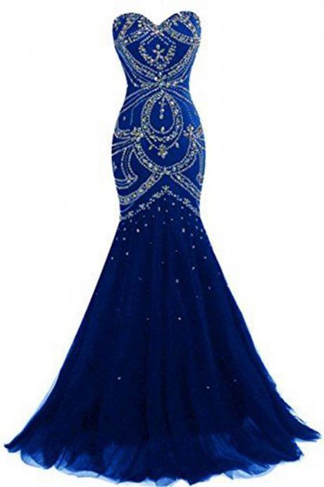 Navy Blue Tulle Sweetheart Sequins Beaded Backless Mermaid Long Prom Dresses, Evening Dresses