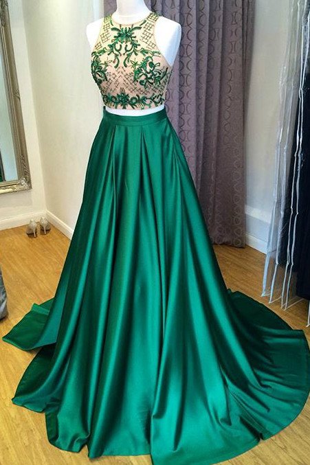 Green Satins Lace Two Pieces Beading A-line Long Dresses,formal Dresses