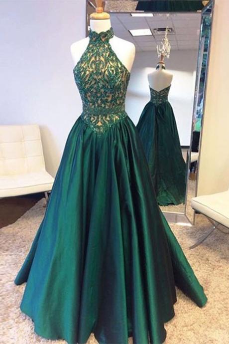 Green Satins Halter See-through Beading Backless Long Dress,evening Dresses