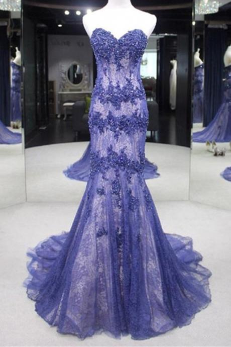 Lavander Tulle Lace Applique Sweetheart Slim-line Train Long Prom Dresses ,evening Dresses