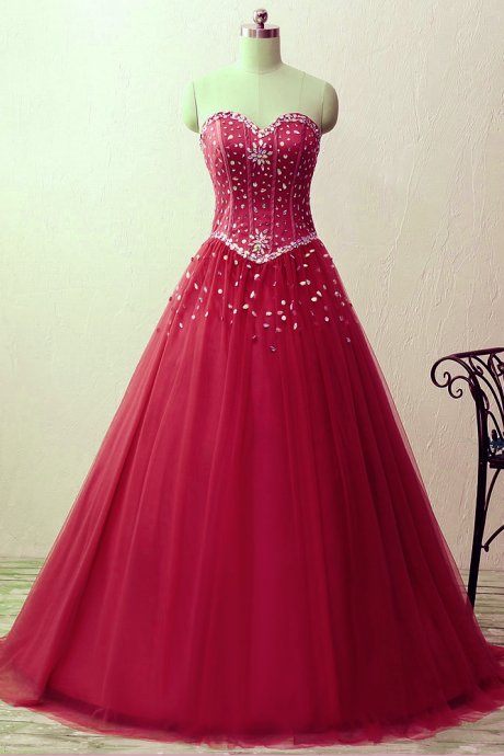 Sweetheart Crystal Beads Satin Tulle Floor Length Ball Gown Prom Quinceanera Dresses
