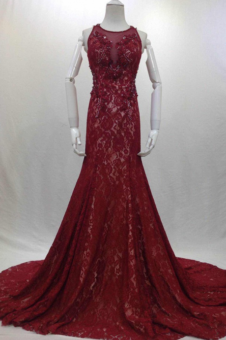Fashionable Beading Red Evening Dresses Real Photos Long Elegant Sexy Party Lace Chapel Train Prom Dresses