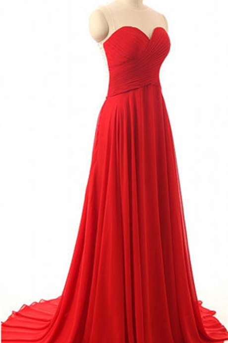Red Floor Length Chiffon A-line Prom Dress Featuring Ruched Sweetheart Illusion Bodice, Lace Appliqués Detailing And Sweep Train