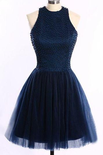 Beads Halter A-line Tulle Mini Prom Homecoming Graduation Party Dress