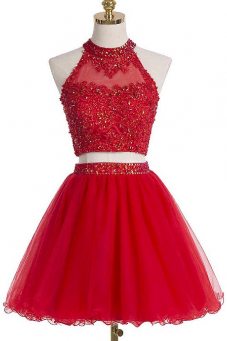 Short Mini Homecoming Dress,two Piece Homecoming Dress,red Tulle Prom Dress,sequins Beads Homecoming Dress