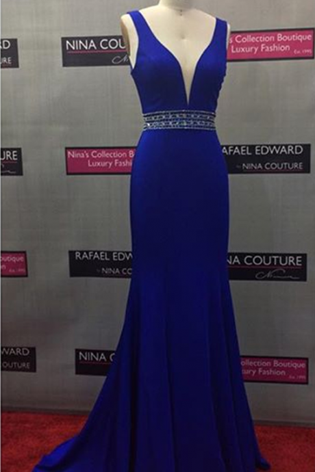 Royal Blue Pluging V Neck Prom Dreess,fitted Open Back Formal Gown, Evening Dress