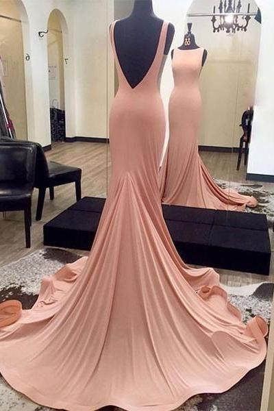 Gorgeous Blush Pink Backless Formal Gown, Jersey Fitted Pageant Gown, Long Dress With Sweep Train