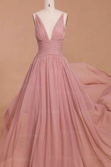 Spaghetti Straps Prom Dress Dusty Pink Bridesmaid Dresses, Long Prom Dresses, Deep-v Prom Dresses