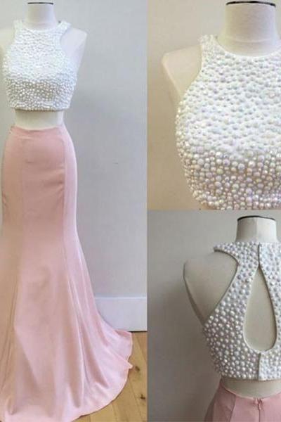 Pink Two Pieces Prom Dress, Pink Formal Dress For Teens, Mermaid Prom Dress, 2 Pieces Prom Dress, Beaded Prom Dress, Senior Prom Dress