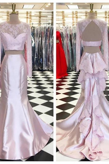 Pink Two Piece Prom Dress, Long Sleeve Mermaid Formal Gown,backless Party Dress