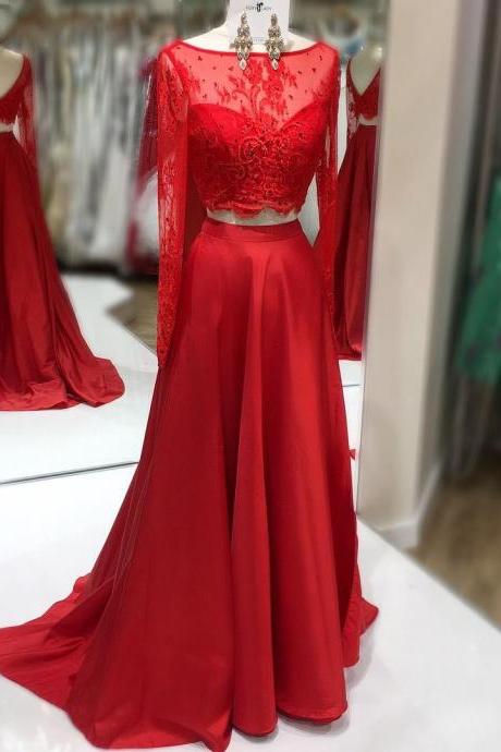 Red Boat Neckline Two Piece Prom Dress, Long Sleeve Formal Gown