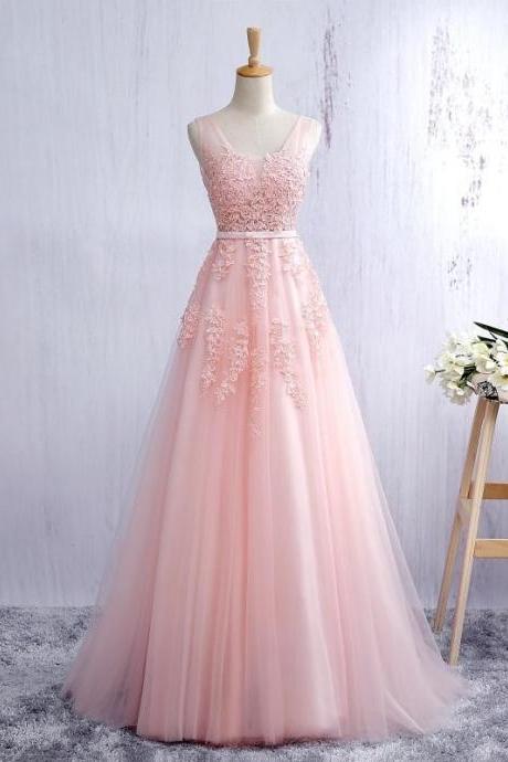 Pink V Neck Tulle Prom Dress, Open Back A Line Formal Gown With Lace Appliques