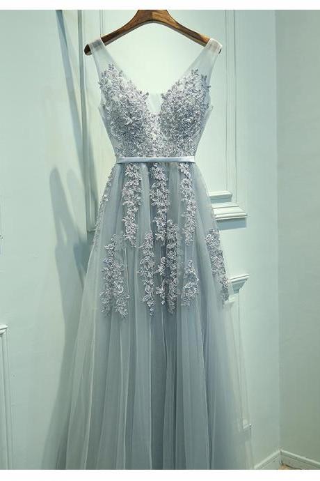 A-line V-neck Sleeveless Gray Long Prom Dress With Lace, Lace Formal Dress, Woman Evening Dress, Charming Prom Dress, Long Tulle Prom Dress