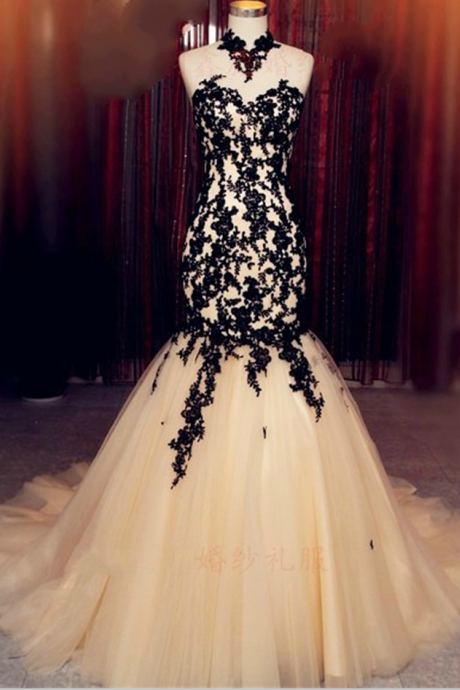 Black Applique High Neck Mermaid Prom Dresses,evening Dress