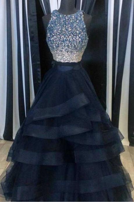 Pink Tulle Princess Prom Gown, A Line Formal Gown,low Back Prom O-neck Two Pieces Tulle Prom Dresses,navy Blue Prom Dresses,beaded
