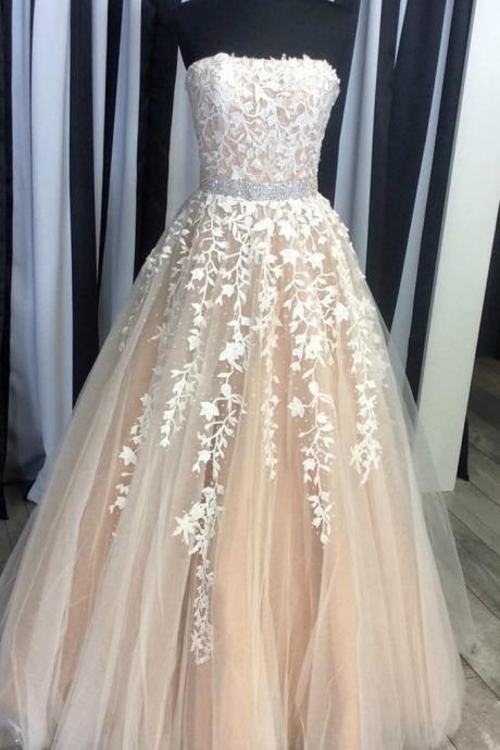 Champagne Tulle Lace Sweetheart A-line Long Dresses,fashion Prom Dress,sexy Party Dress,custom Made Evening Dress