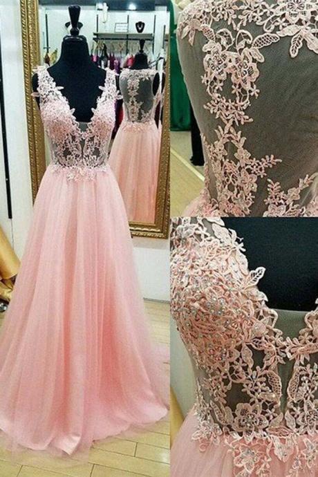 Pink Tulle V-neck Lace Applique Long A-line Prom Dresses,fashion Prom Dress,sexy Party Dress,custom Made Evening Dress