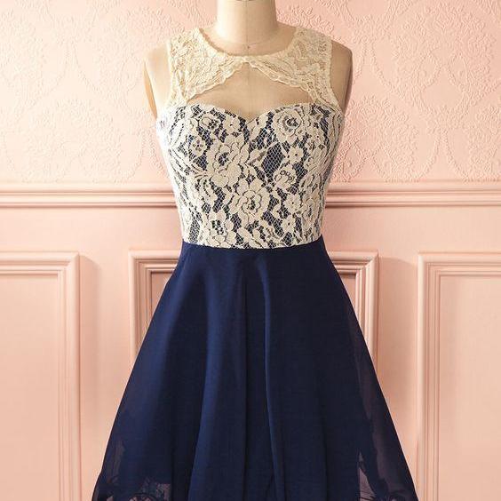 Vintage Fashion A Line Navy Blue Short Length Homecoing Birthday Dress Prom Dresses main image 1