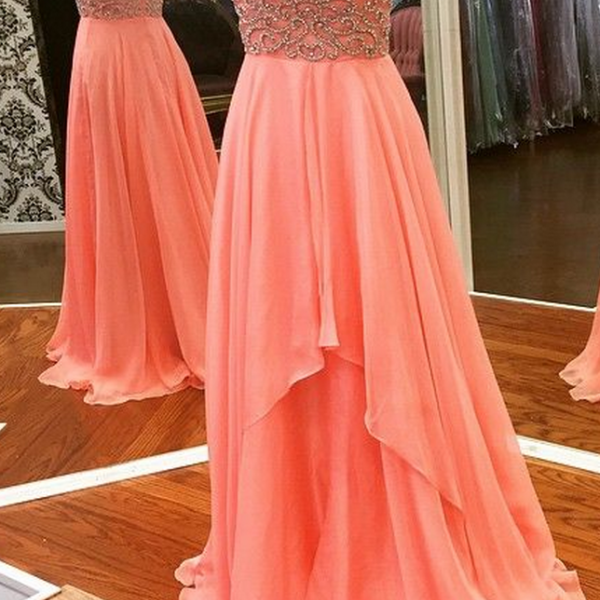 Strapless Long Chiffon Gown with Pleated Bodice Coral main image 0