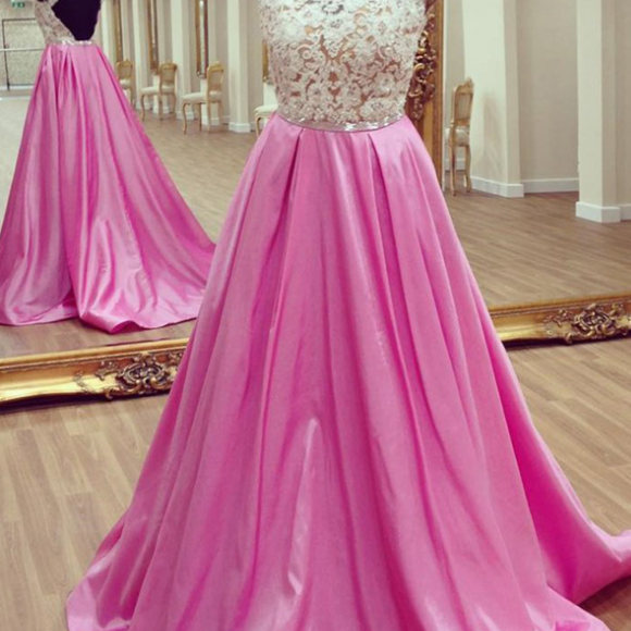 Lace Appliques Prom Dress, Round Neck Prom Dress, Open Back Prom Dress ...