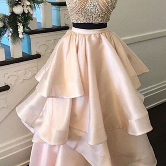 Jewel Prom Dresses, Two Piece Prom Dress In Champagne Color, Sleeveless ...
