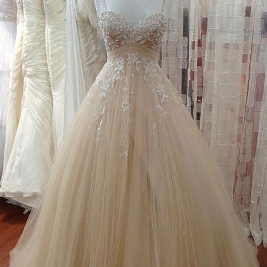 Gorgeous Applique Sleeveless A-Line Prom Dress with Champagne Spaghetti-Straps