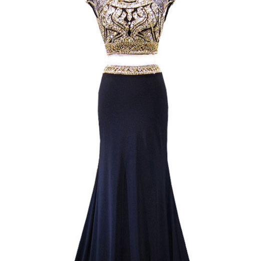 Sparkly Navy Beaded Long Ball Dress