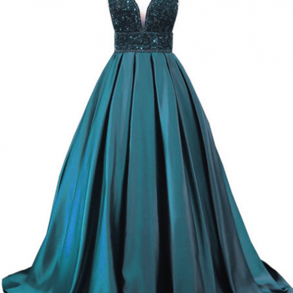 Long Emerald Evening Gown, PROM Dress V Neck Sleeveless Women's Formal ...