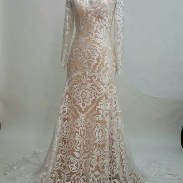 Long Sleeve Scoop Neck Mermaid Tulle Appliques Lace Beaded Prom Dress with Detachable Train main image 1