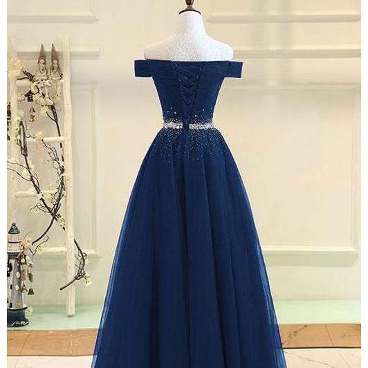 Off The Shoulder Beaded Prom Dresses Navy Blue Pleated Long Quinceanera ...