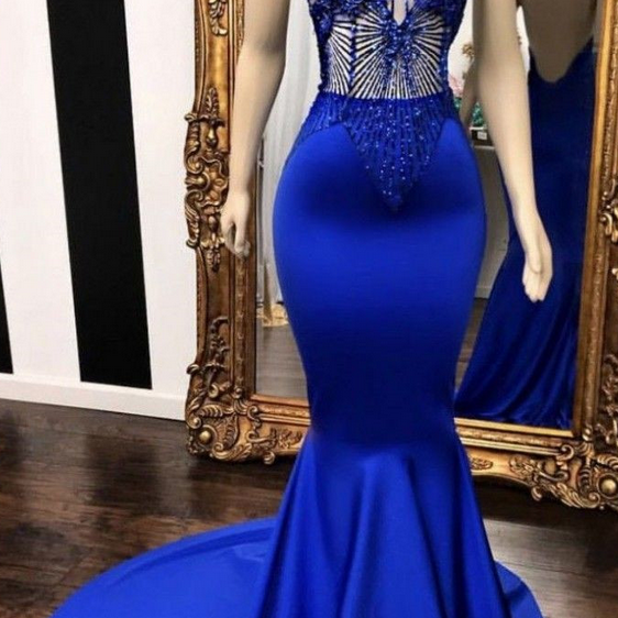 Charming Mermaid Halter Royal Blue Satin Beaded Without Sleeves Long Prom Dress, Evening Dress C6471 main image 1