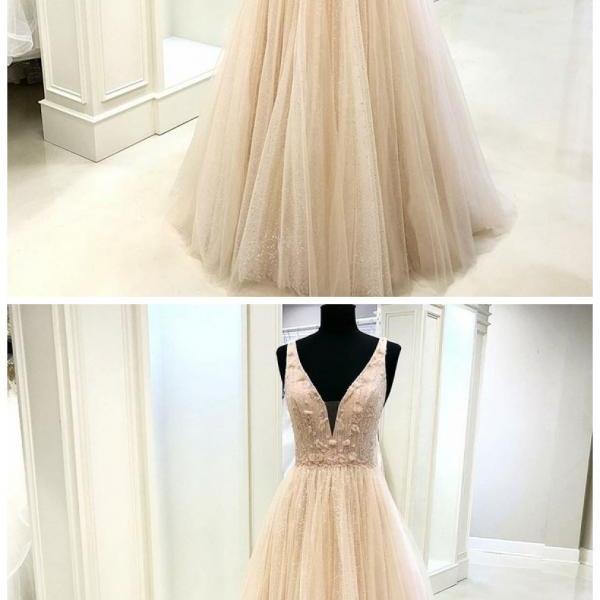V-neck Tulle Floor Length Bridesmaid Dress Champagne